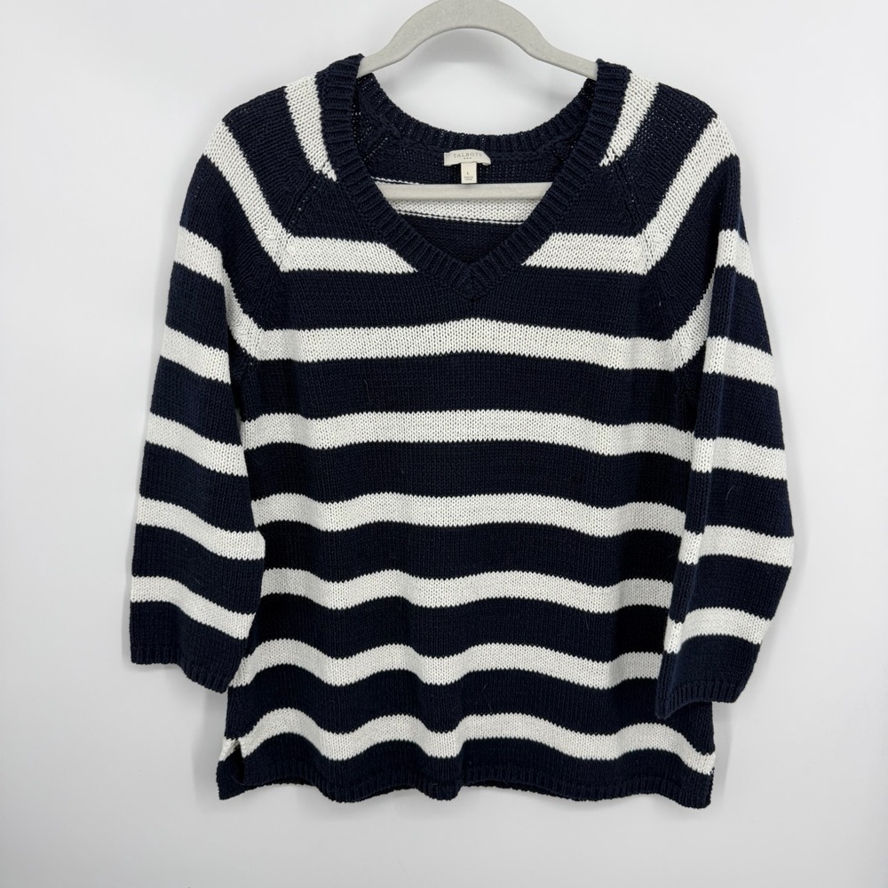 Talbots women's navy blue and white striped V-neck sweater sz L sailor nautical